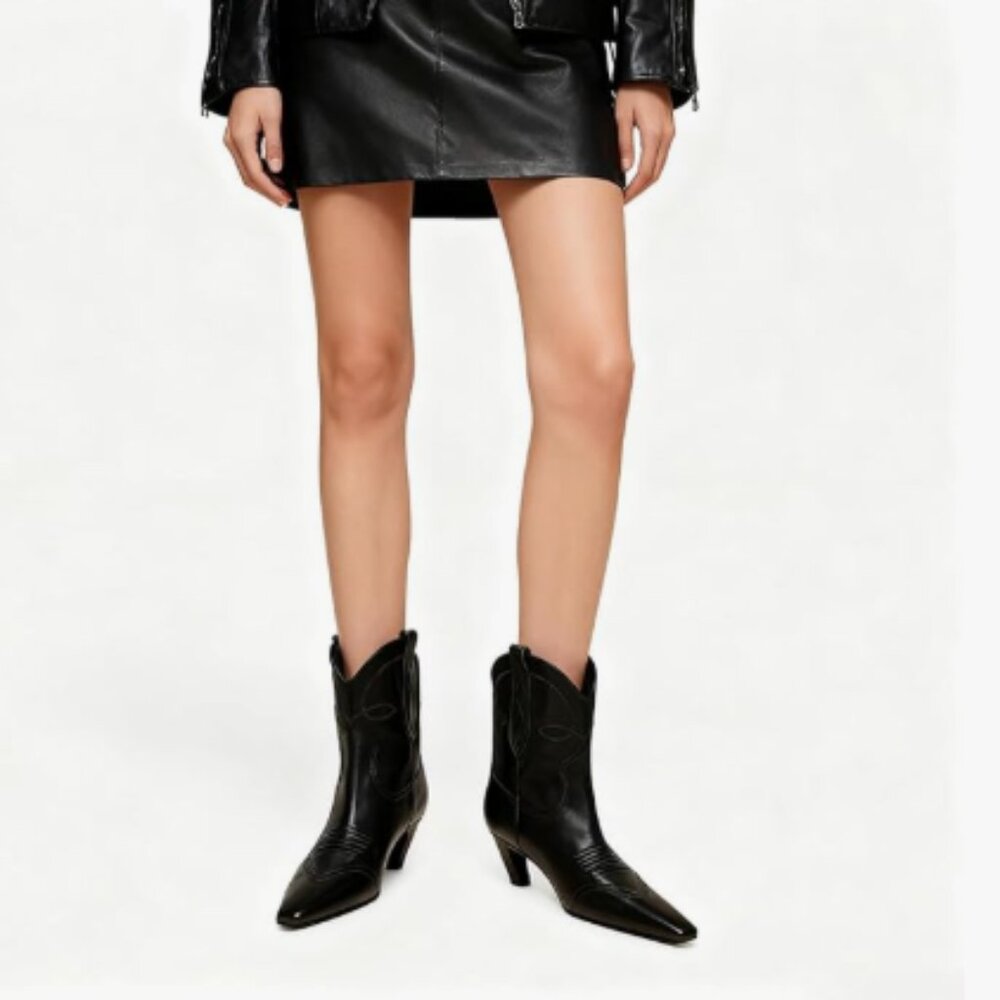 FSJ Black Square Toe Comfort Kitten Low Heel Ankle Boot Pull On Winter Bootie